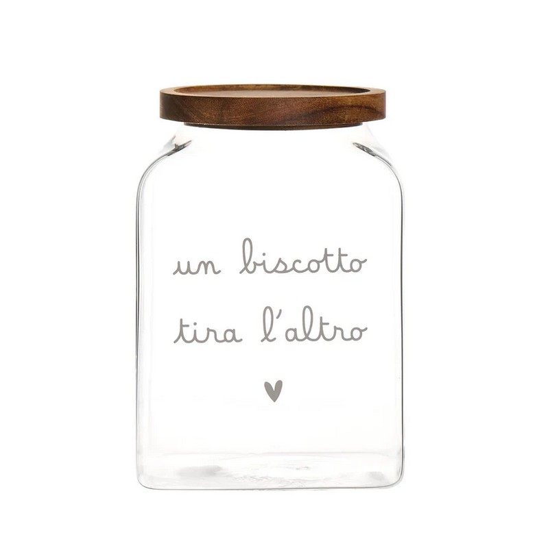 Barattolo da cucina in vetro borosilicato con tappo ermetico in legno decorato con scritta “Un biscotto tira l'altro”